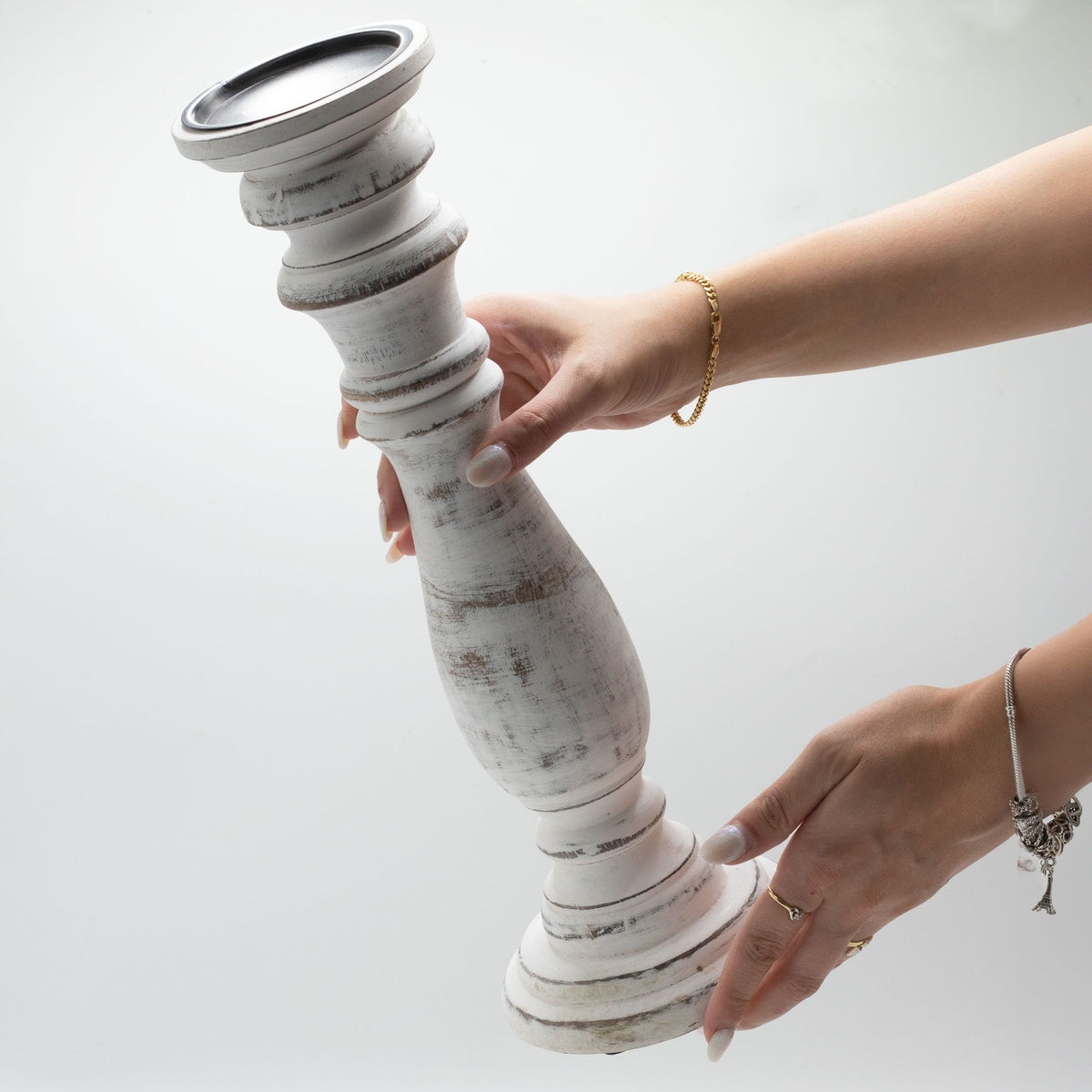 Whitewash Wooden Candle Holder – 37 × 10cm