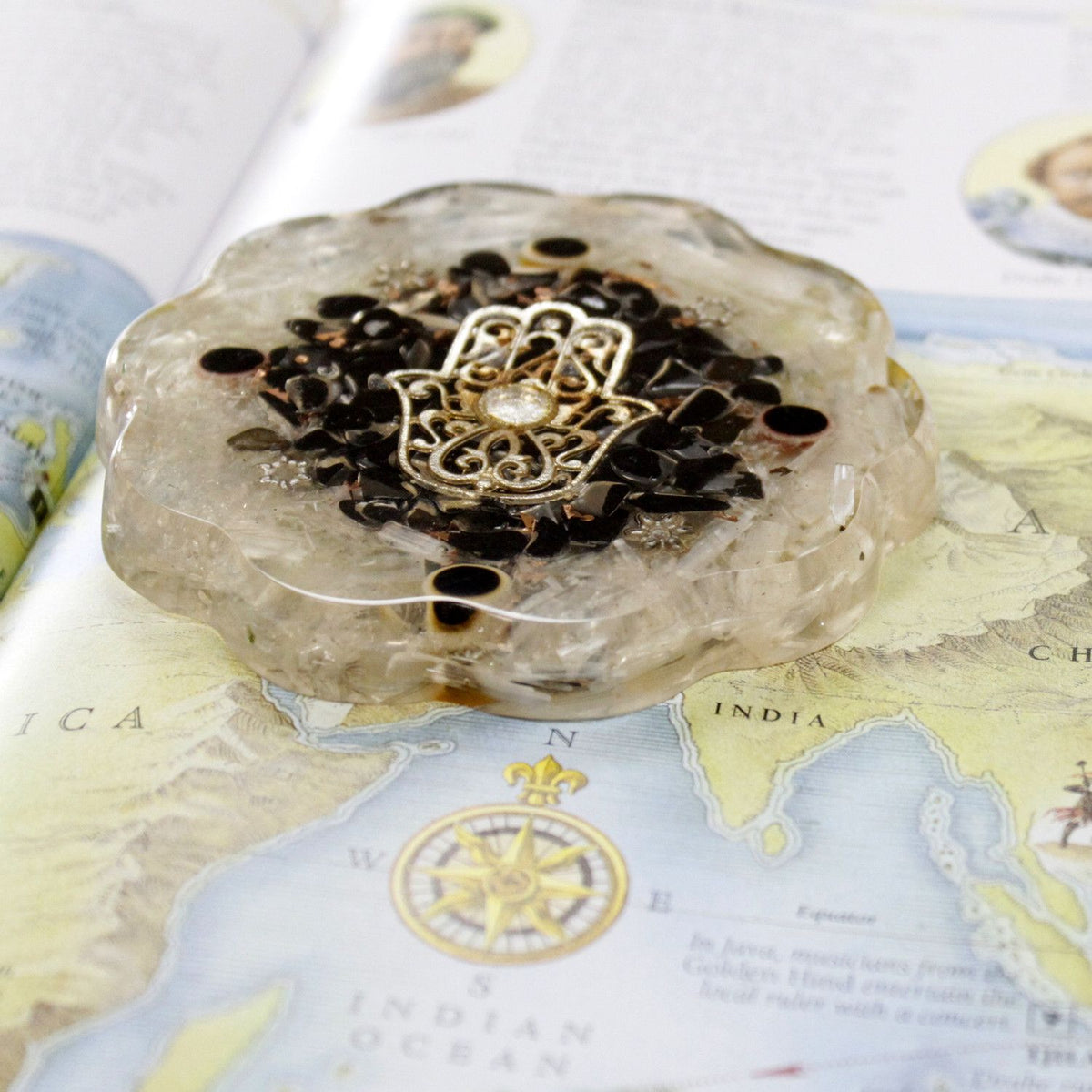 Hamsa Orgonite Desk Ornament with Selenite