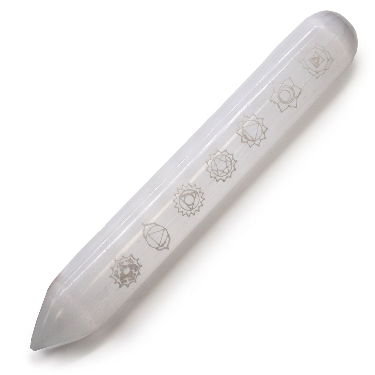 Selenite Chakra Wand with Pointed End – 14–16cm