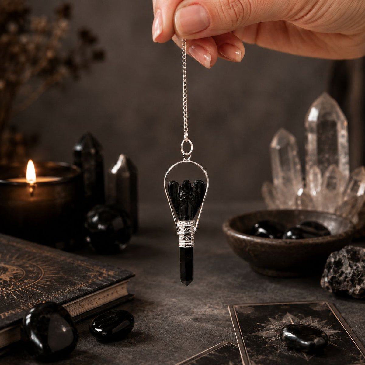 Black Agate Angel Pendulum with Ring