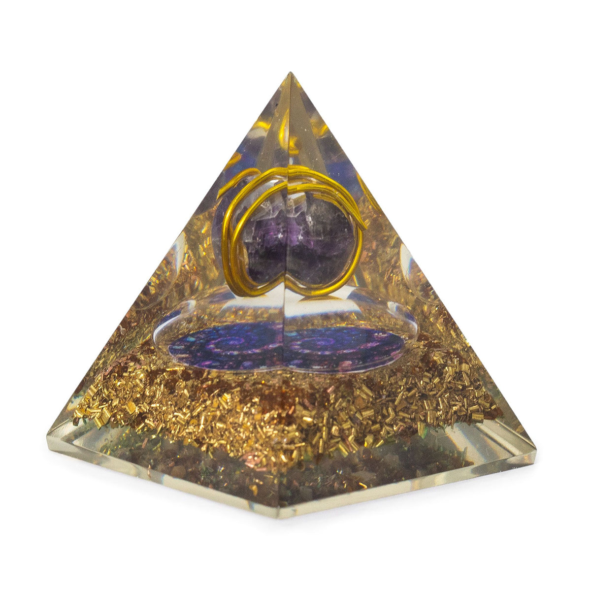 Orgonite Pyramid with Wrapped Amethyst and Copper Chips – 7 x 6cm