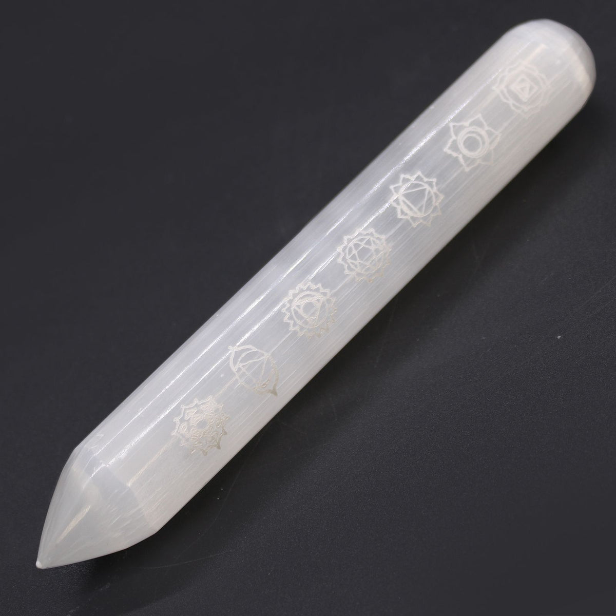 Selenite Chakra Wand with Pointed End – 14–16cm