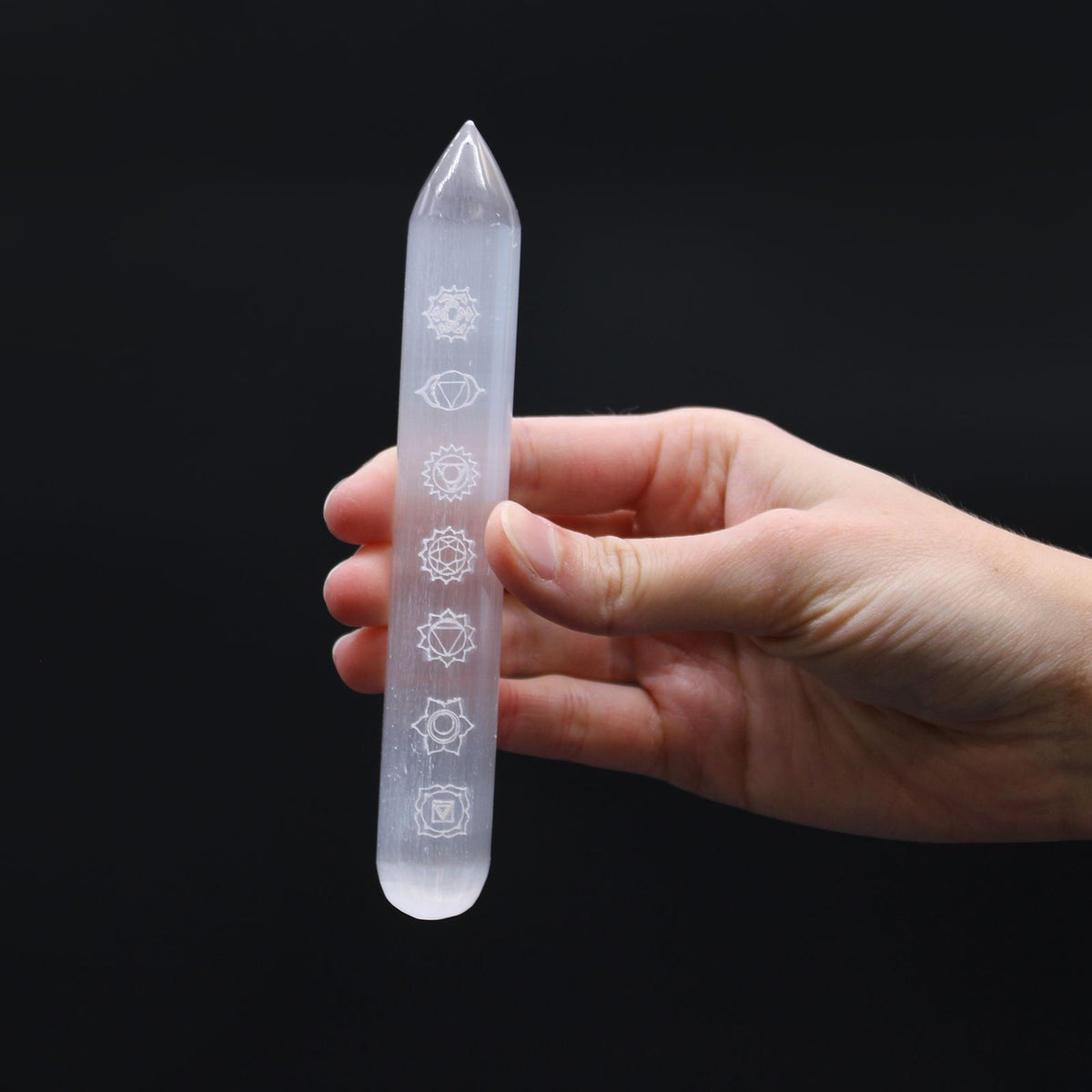 Selenite Chakra Wand with Pointed End – 14–16cm