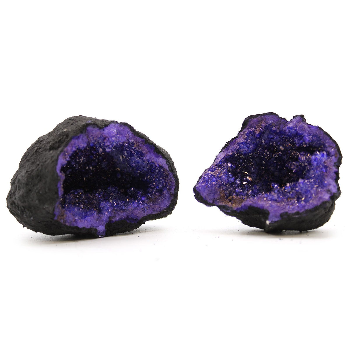 Blue Coloured Calcite Geode on Black Rock