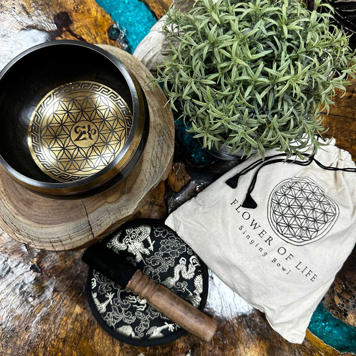 Flower of Life Engraved Singing Bowl Gift Set – 14cm