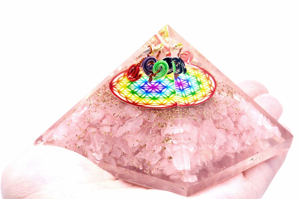 Rose Quartz Rainbow Flower of Life Pyramid – 70mm