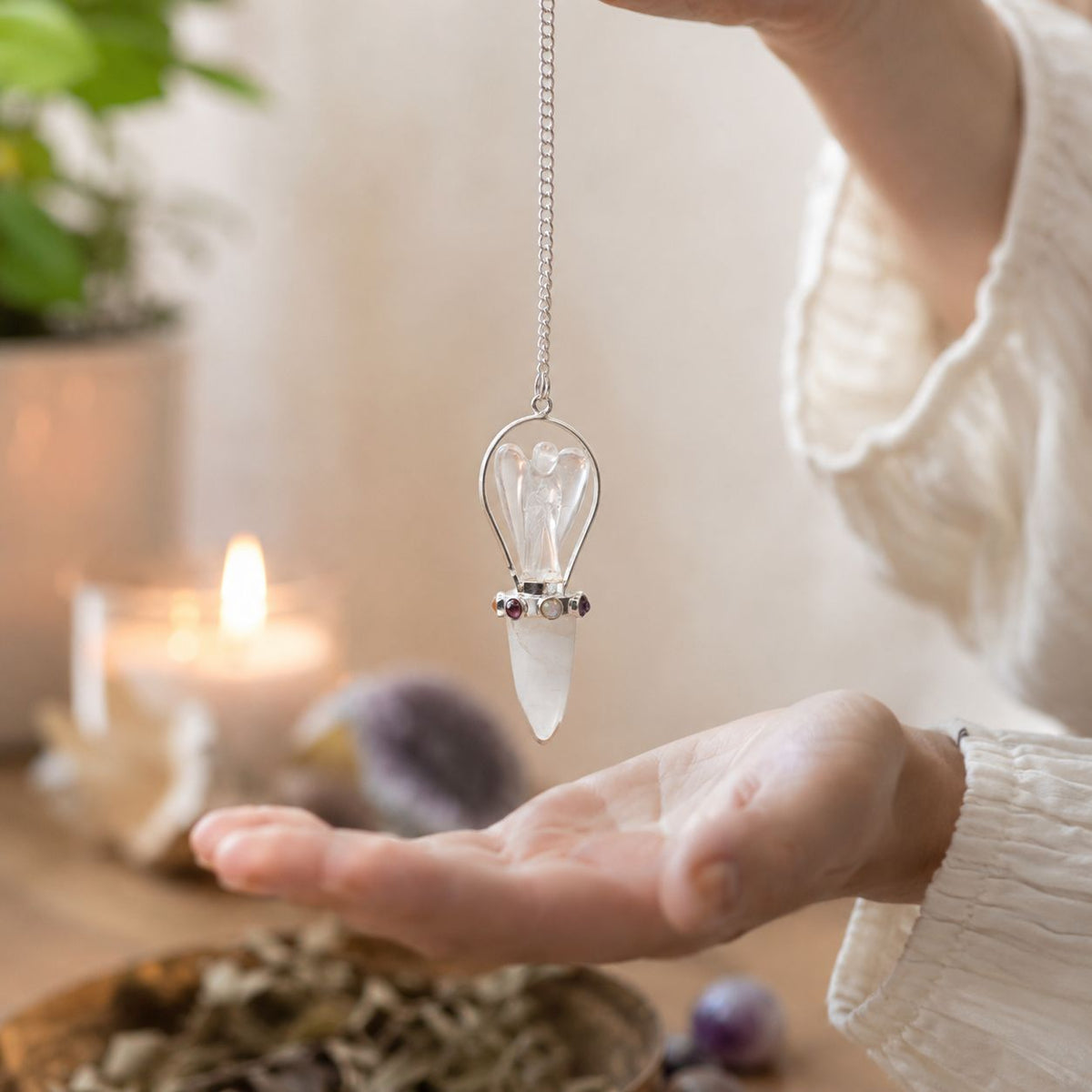 Clear Quartz Angel Pendulum with Chakra Band