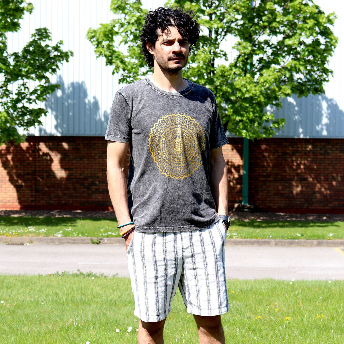 Mandala Stonewashed Cotton T-Shirt – Dark Grey, Medium