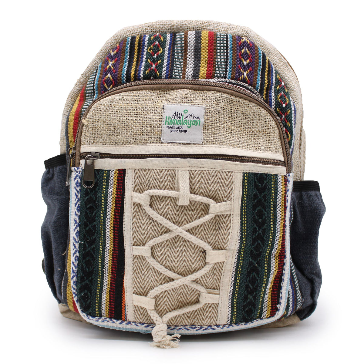 Small Hemp and Cotton Backpack with Rope Pockets