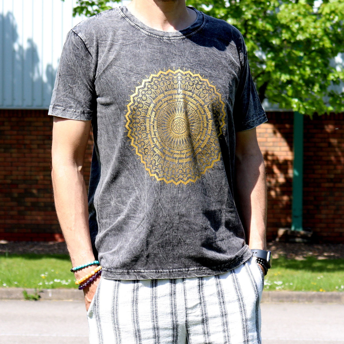 Mandala Stonewashed Cotton T-Shirt – Dark Grey, Medium