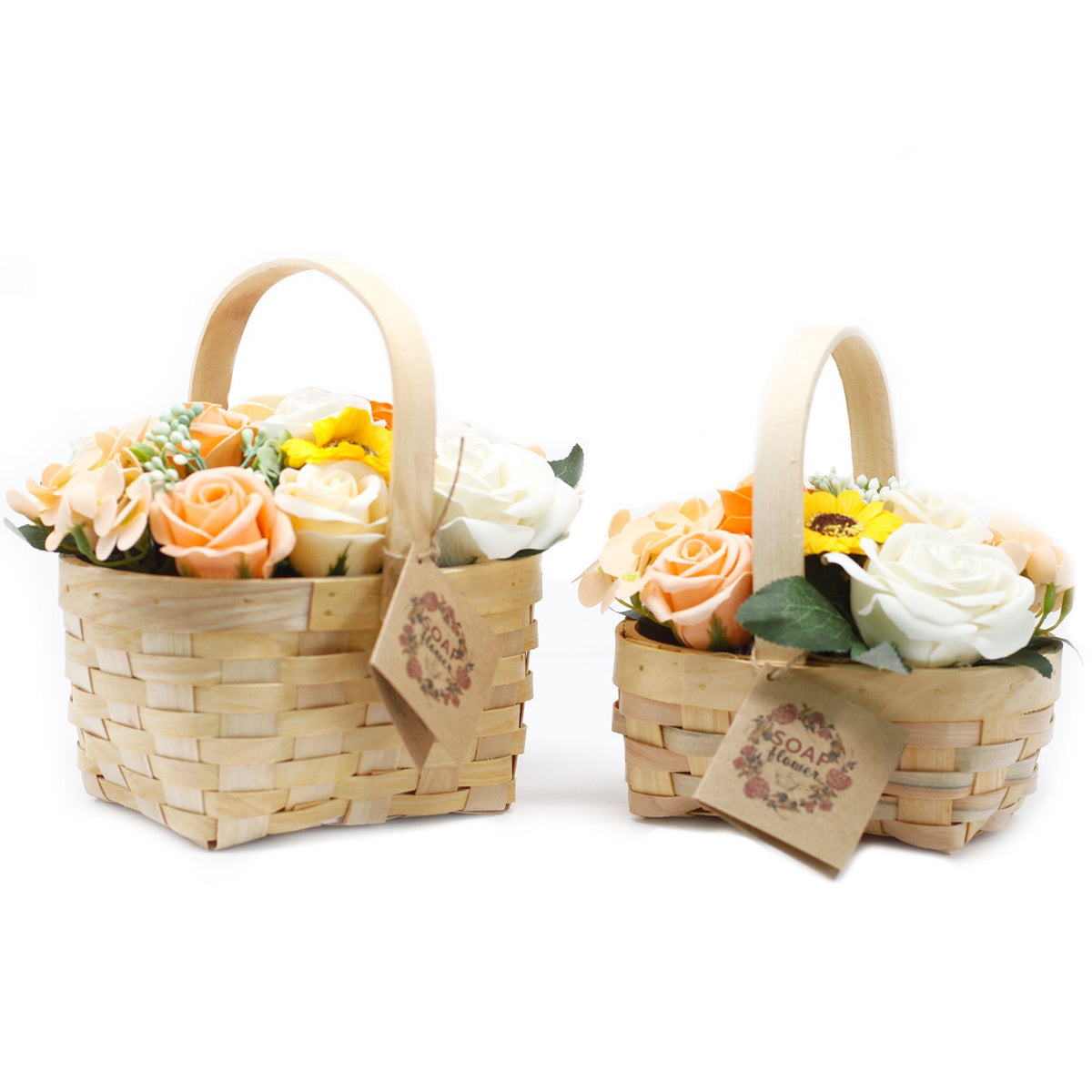 Pink Soap Flower Bouquet in Wicker Basket