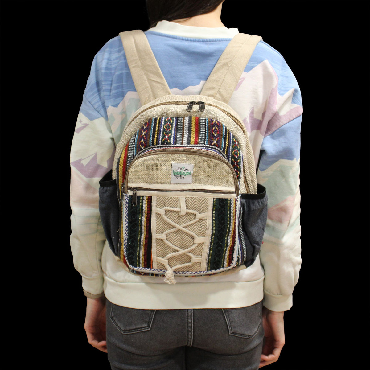 Small Hemp and Cotton Backpack with Rope Pockets