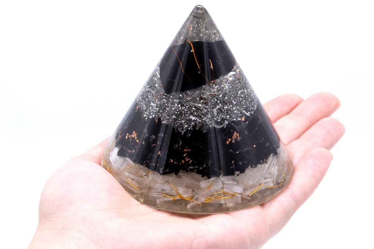 Selenite and Black Tourmaline Copper Orgonite Cone – 90mm