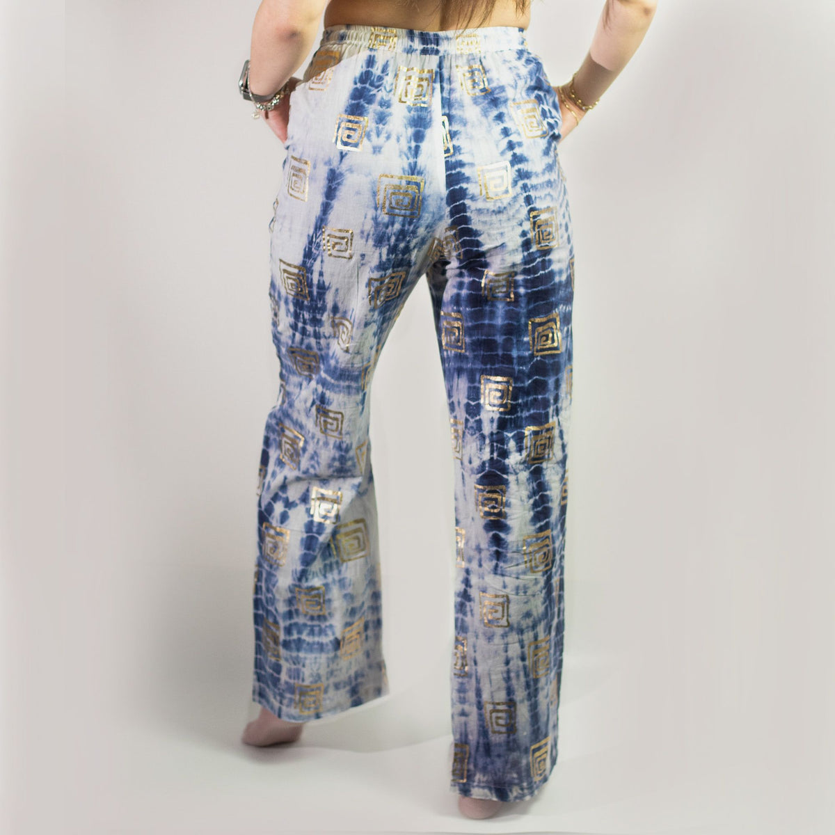Blue and Gold Hand-Painted Greek Motif Lounge Pants