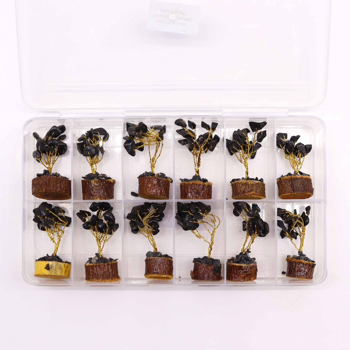 Black Agate Gemstone Tree on Wood Base – 15 Stones