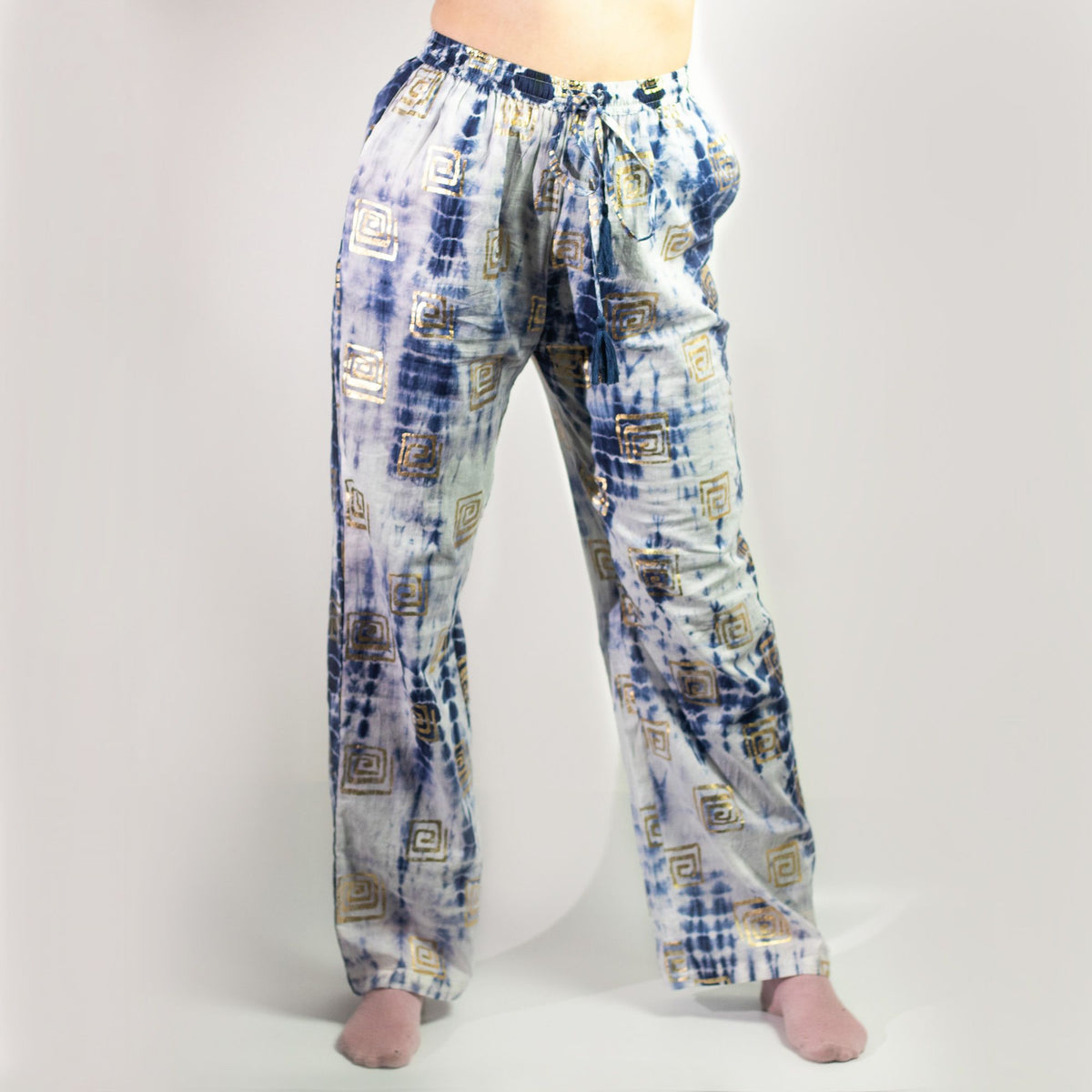 Gold and Blue Hand-Painted Greek Motif Lounge Pants