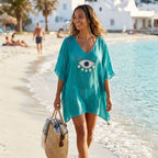 Turquoise Evil Eye Kaftan with Gold and White Detail – Nomad Sari