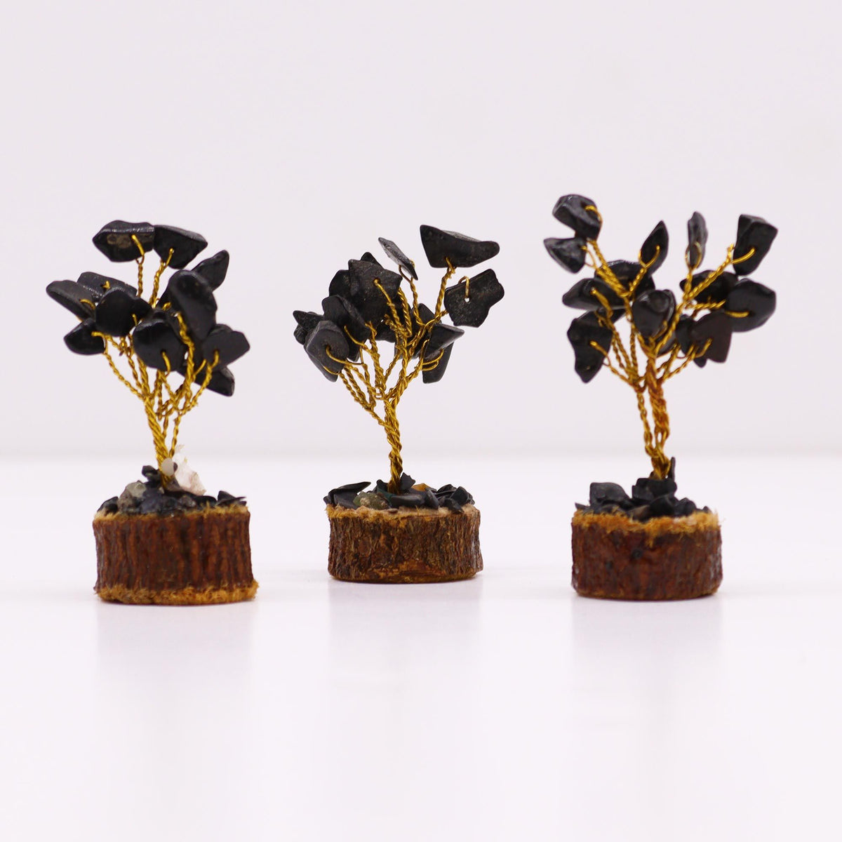 Black Agate Gemstone Tree on Wood Base – 15 Stones