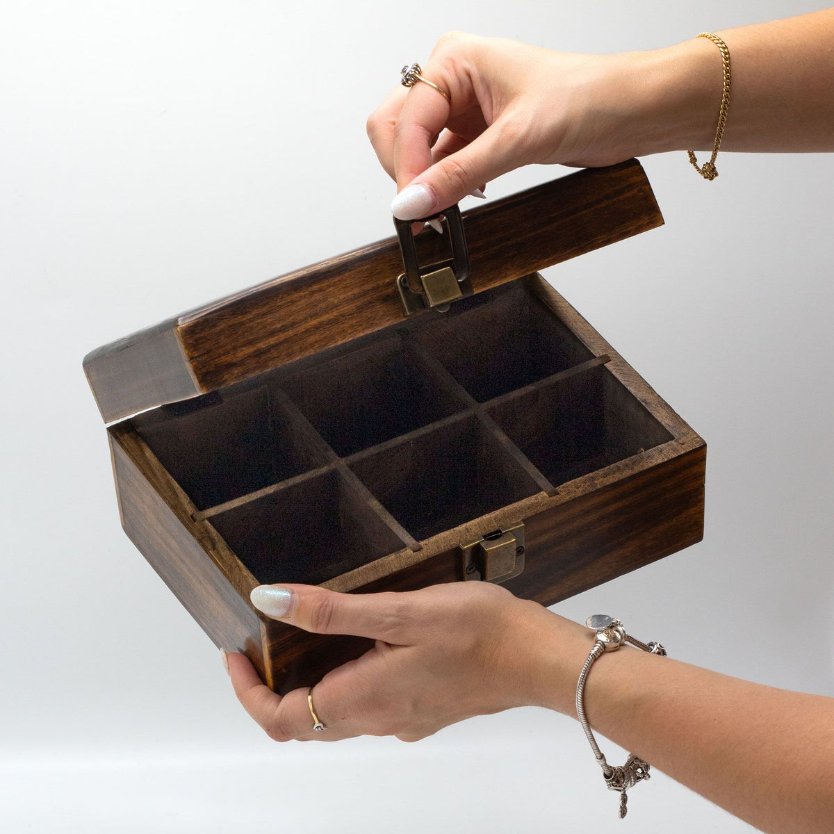 Carved Mango Wood Tea Box with 6 Compartments