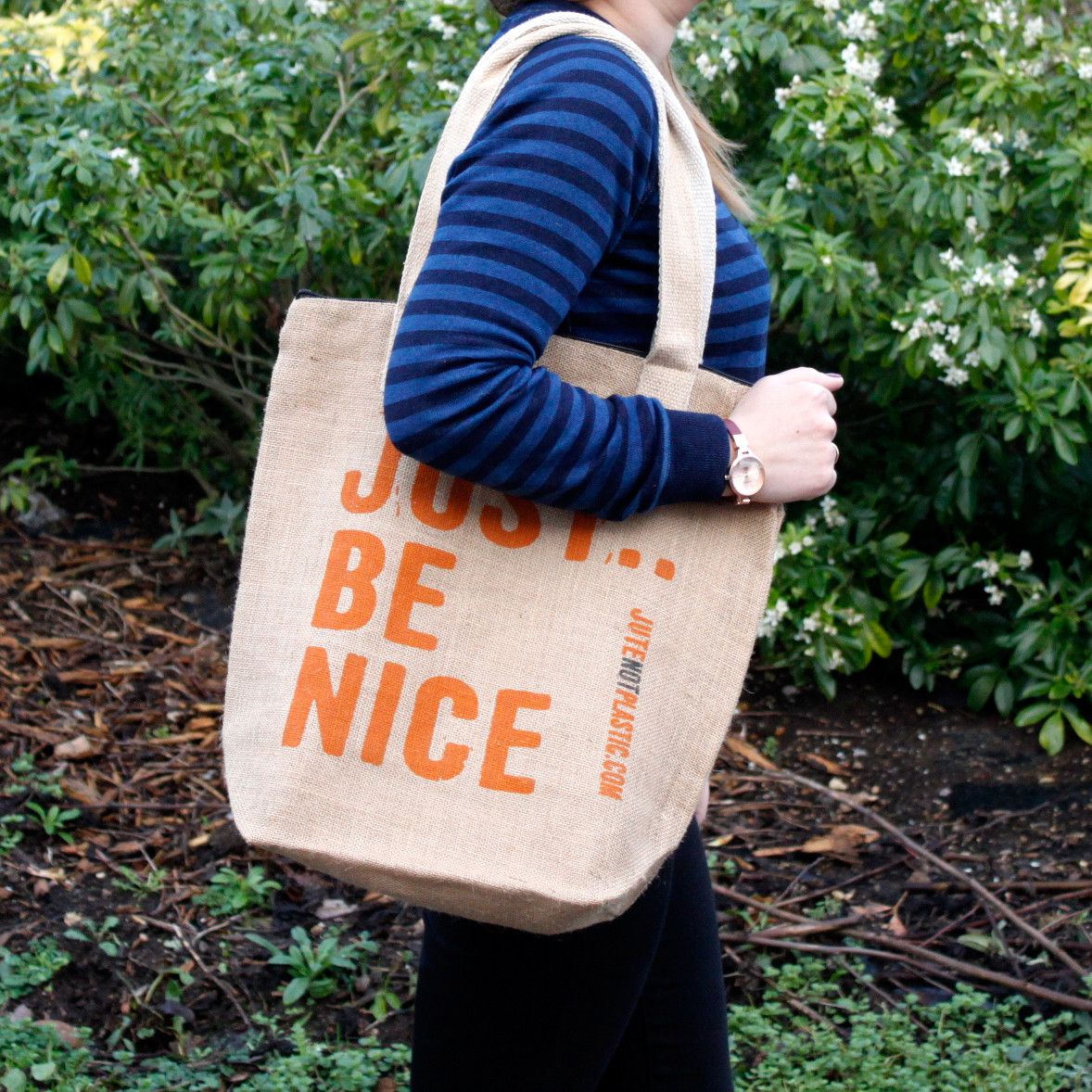 Just Be Nice Jute Tote Bag