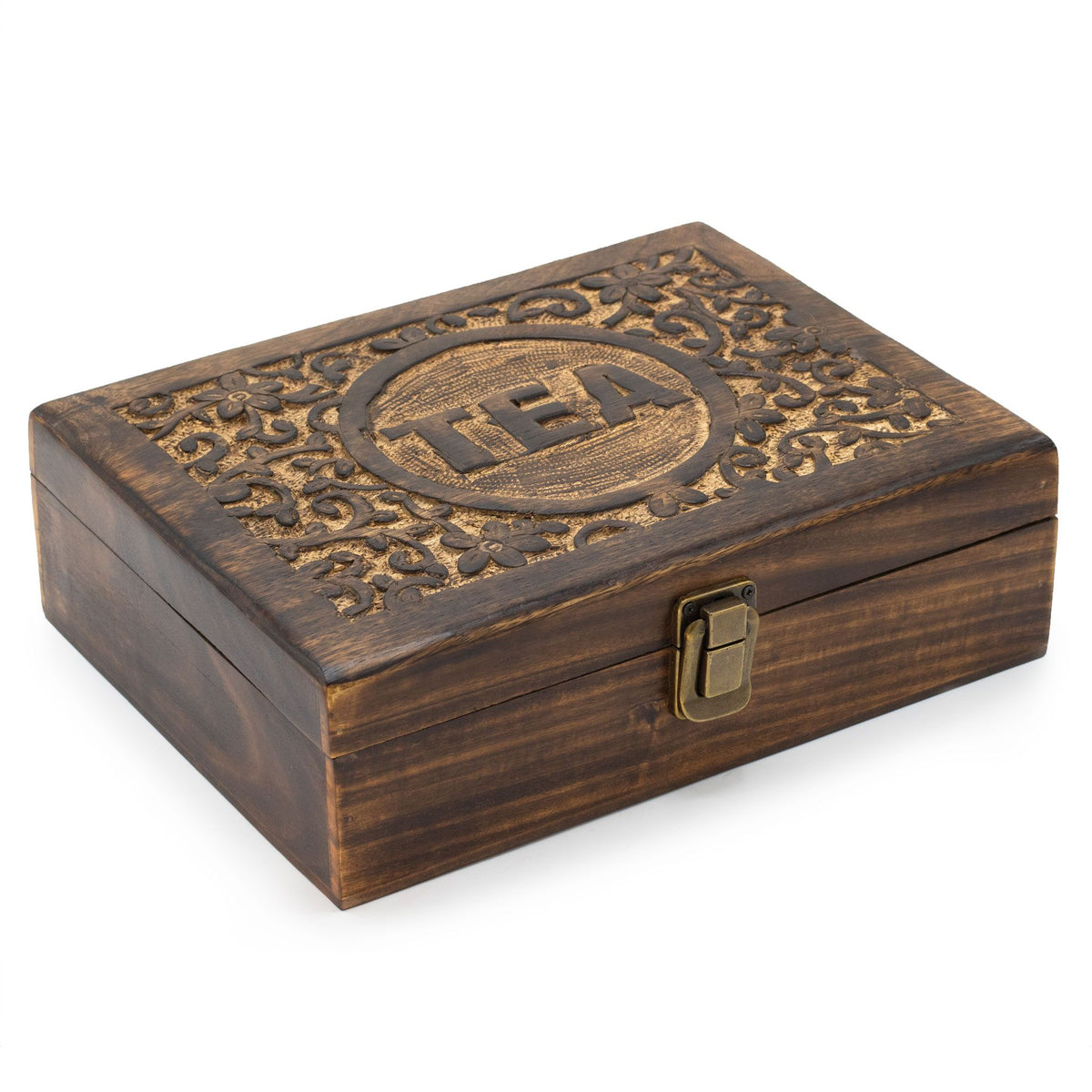 Carved Mango Wood Tea Box with 12 Compartments