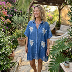 Blue Palm Tree Kaftan with Gold and White Detail – Nomad Sari