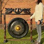Large Black Gong with Brown Antique Stand – 80cm