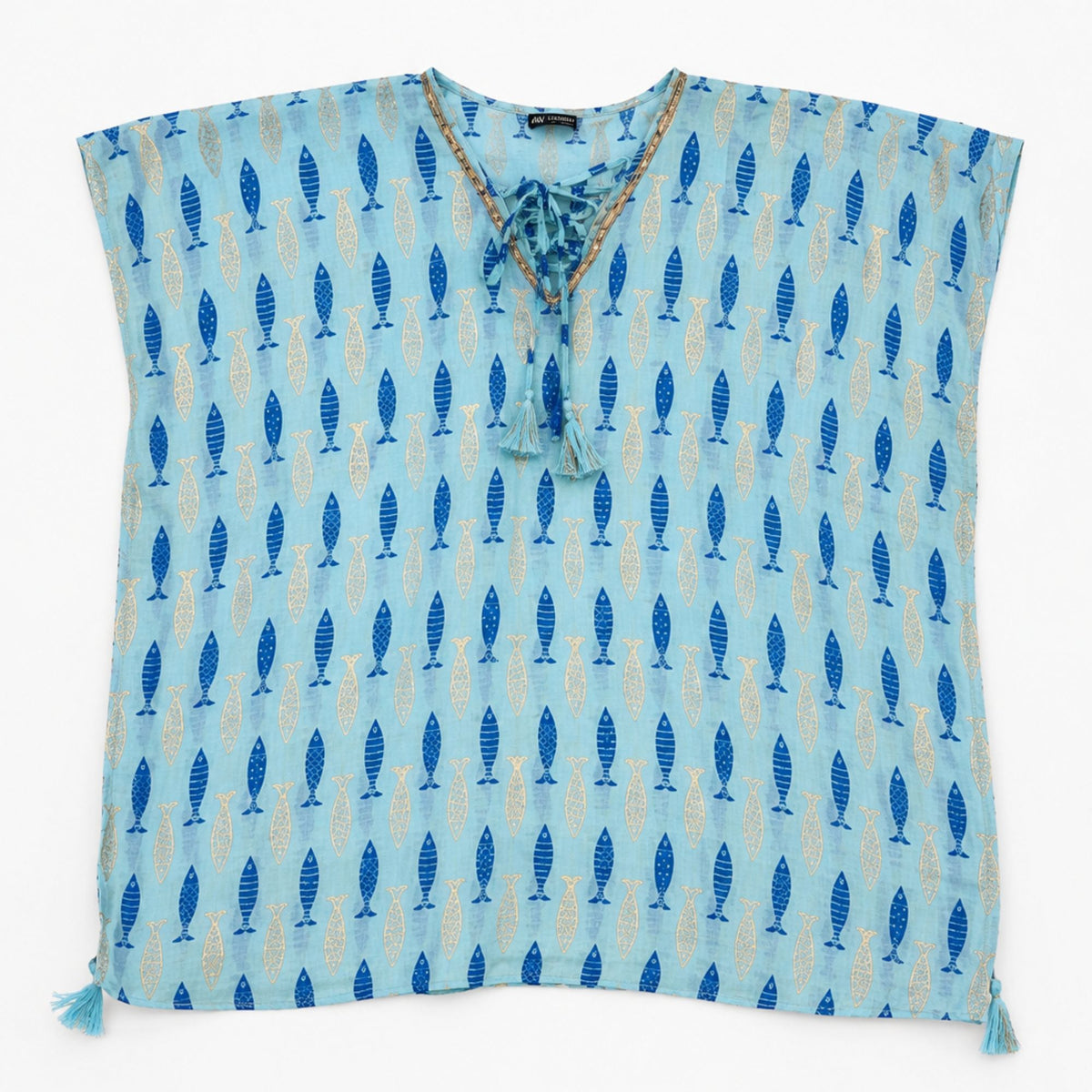 Turquoise Blue Fish Print Kaftan