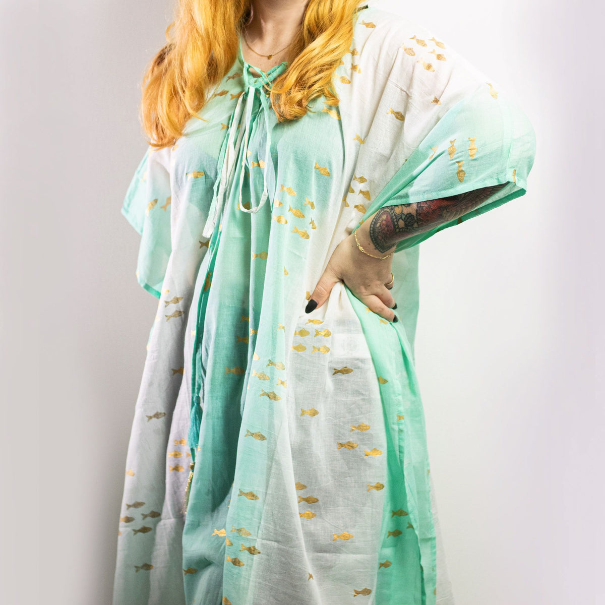 White Turquoise and Gold Fish Print Kaftan
