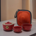 Red Money Cat Travel Teapot Set with Two Cups