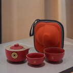 Red Money Cat Travel Teapot Set with Two Cups