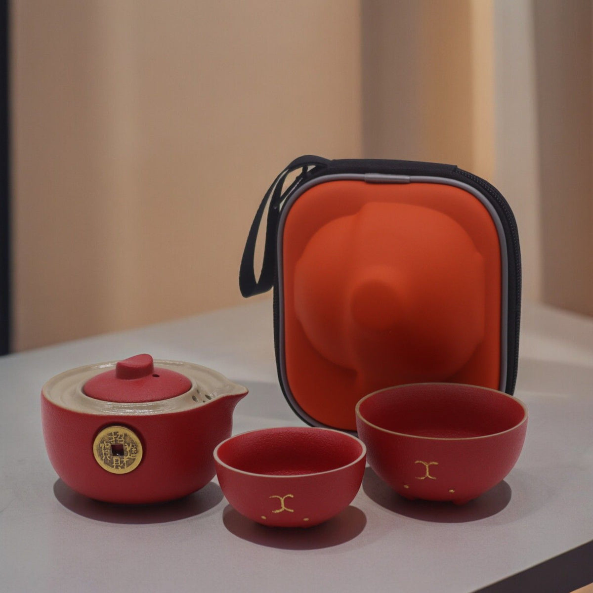 Red Money Cat Travel Teapot Set with Two Cups
