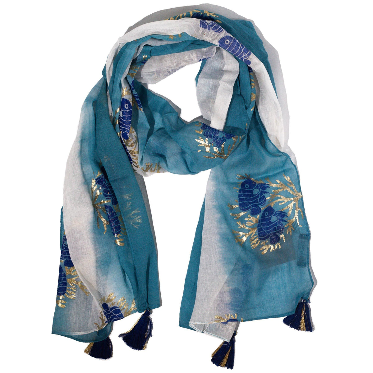 Fish Print Scarf in Sea Blue – 180 × 50cm