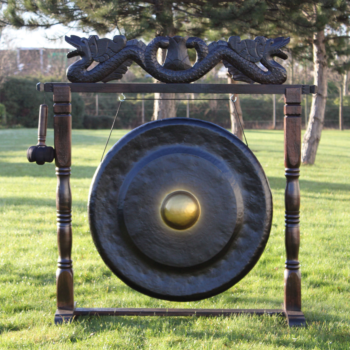 Large Black Gong with Brown Antique Stand – 80cm
