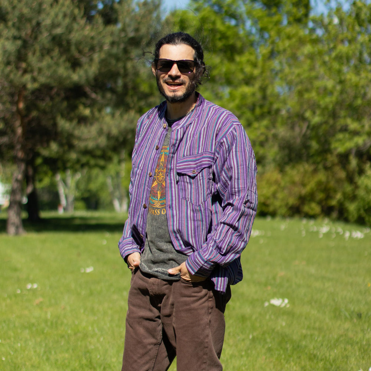 Black and Purple Sari Grandad Shirt – Large