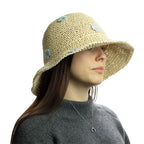 Beige Floppy Sun Hat with Blue Flowers