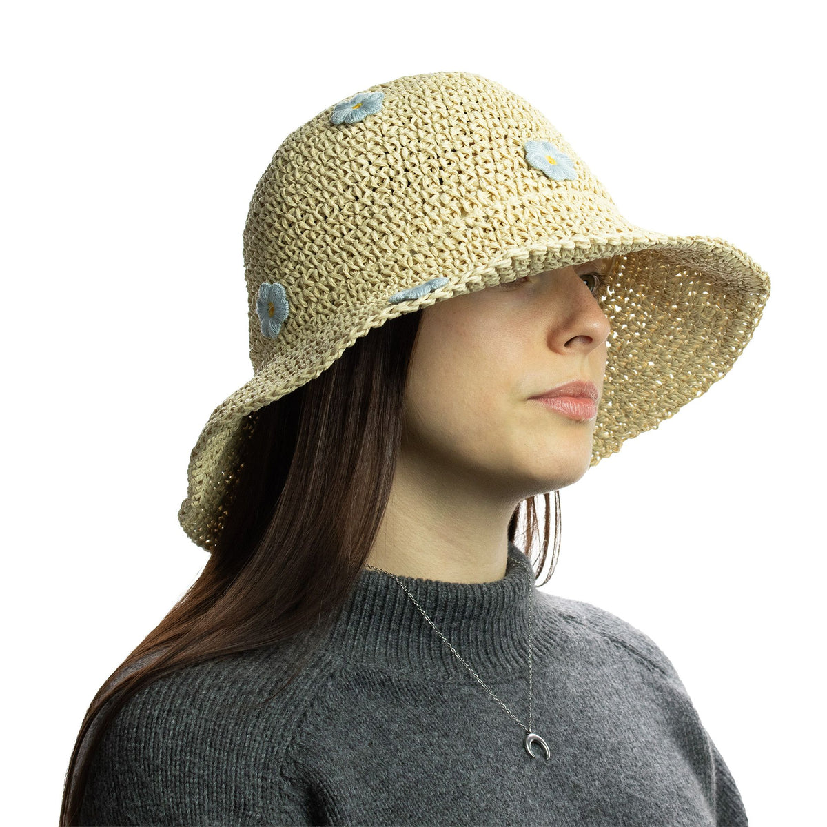 Beige Floppy Sun Hat with Blue Flowers