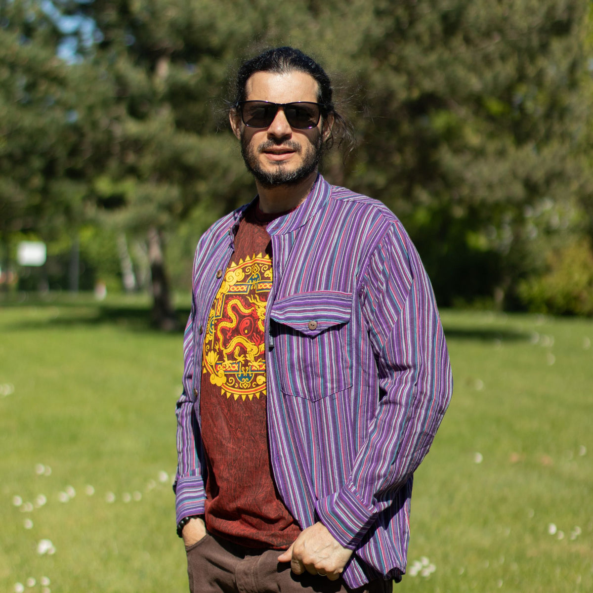 Black and Purple Sari Grandad Shirt – XL