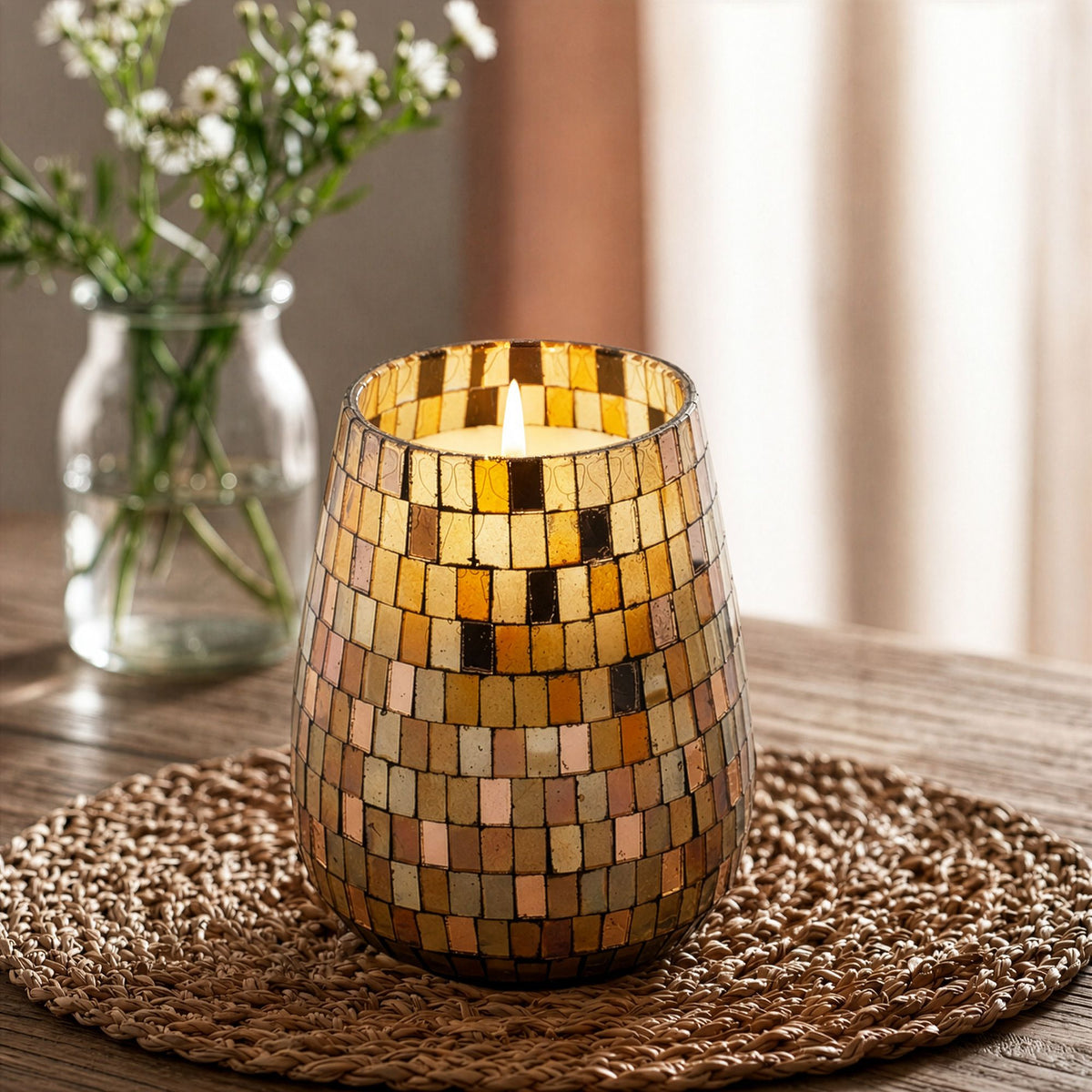Tall Amber Mosaic Glass Jar Candle