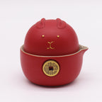 Red Money Cat Travel Teapot Set with Two Cups