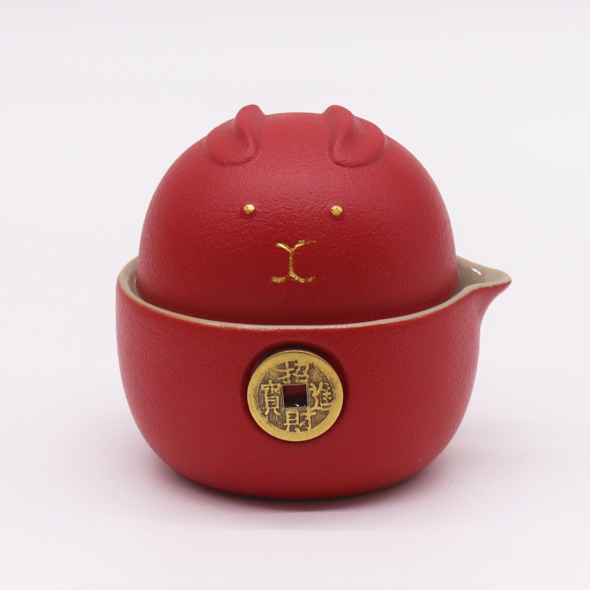 Red Money Cat Travel Teapot Set with Two Cups