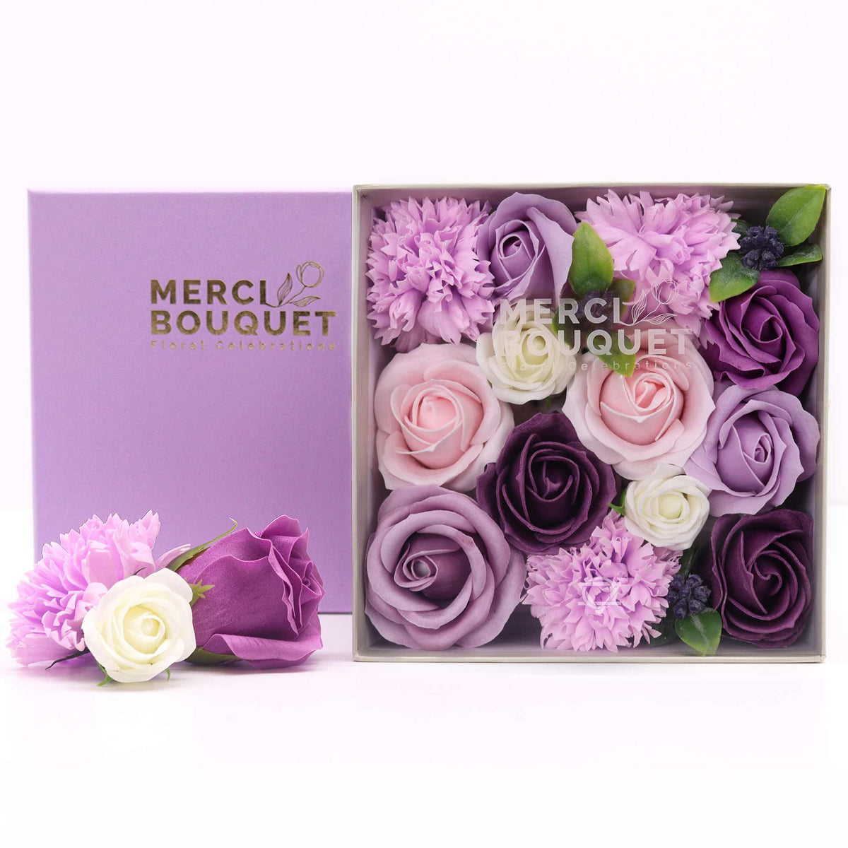 Lavender Rose and Carnation Soap Flower Gift Box