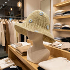 Beige Floppy Sun Hat with Blue Flowers