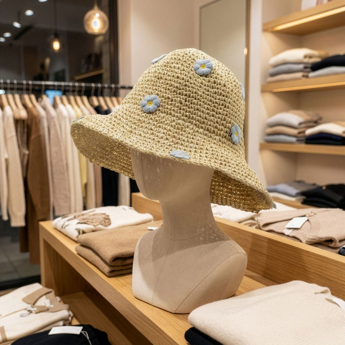 Beige Floppy Sun Hat with Blue Flowers
