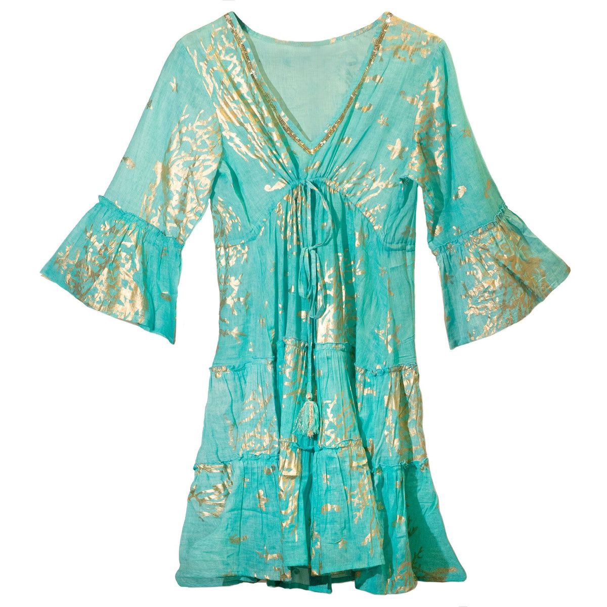 Turquoise and Gold Coral Print Dress
