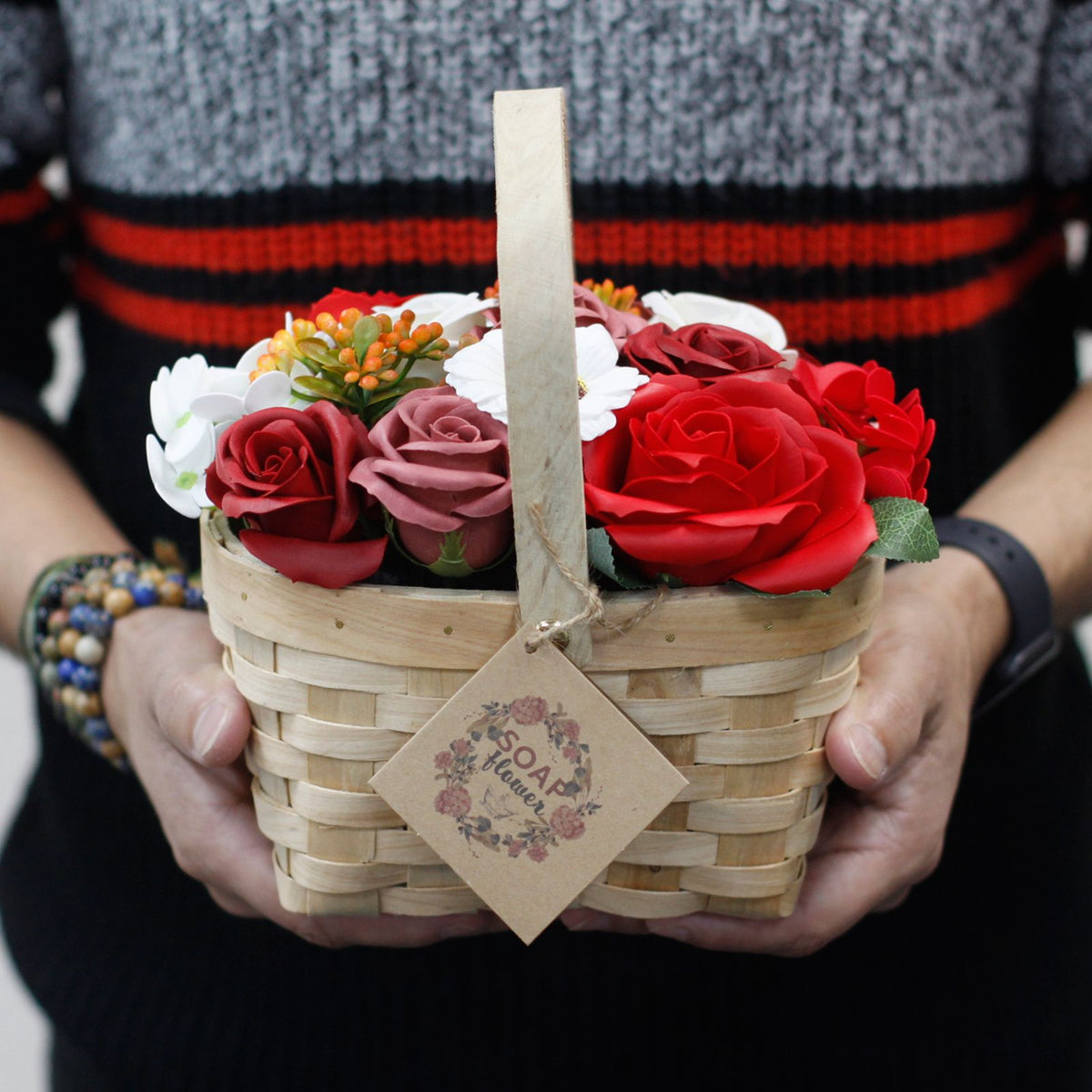 Pink Soap Flower Bouquet in Wicker Basket