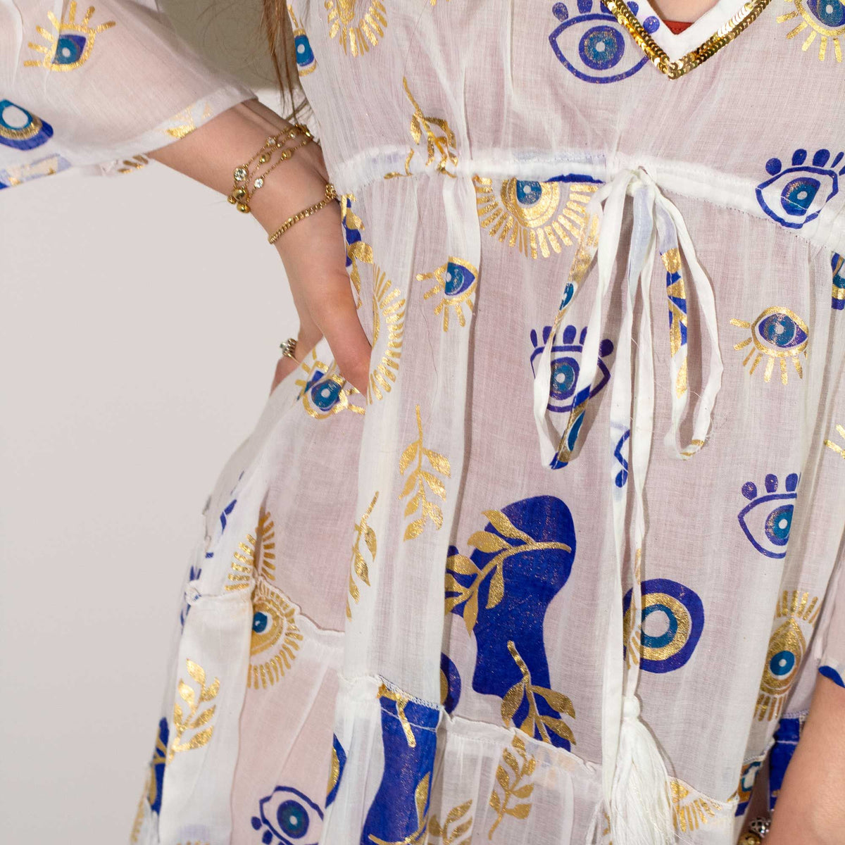 White Blue and Gold Evil Eye Design Dress