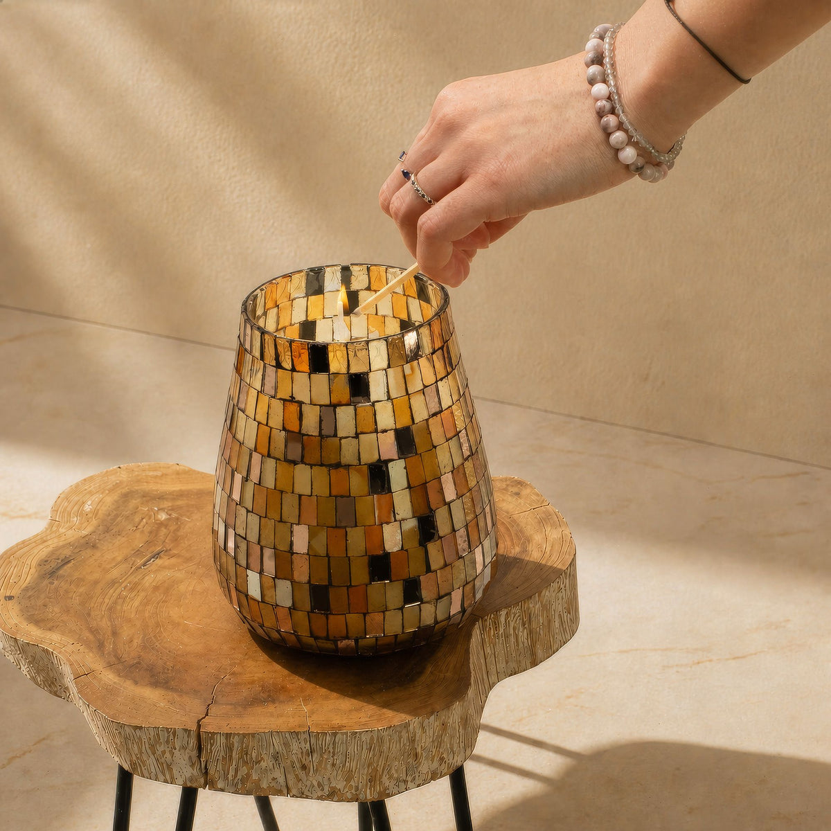 Tall Amber Mosaic Glass Jar Candle