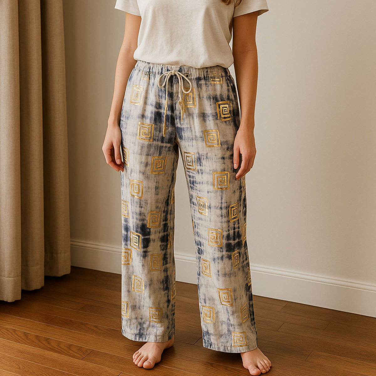 Gold and Blue Hand-Painted Greek Motif Lounge Pants