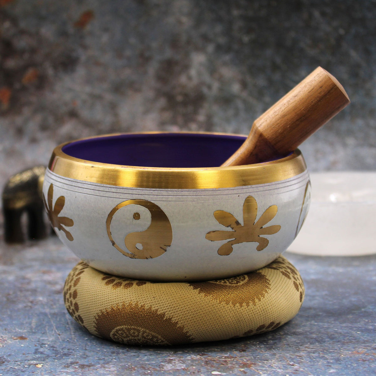 Yin Yang Tibetan Singing Bowl Set – White and Purple, 14cm